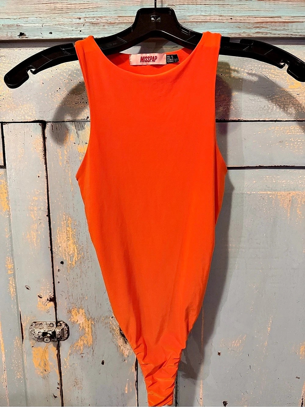 MISSPAP Orange Neon Ruched Bodysuit Like New